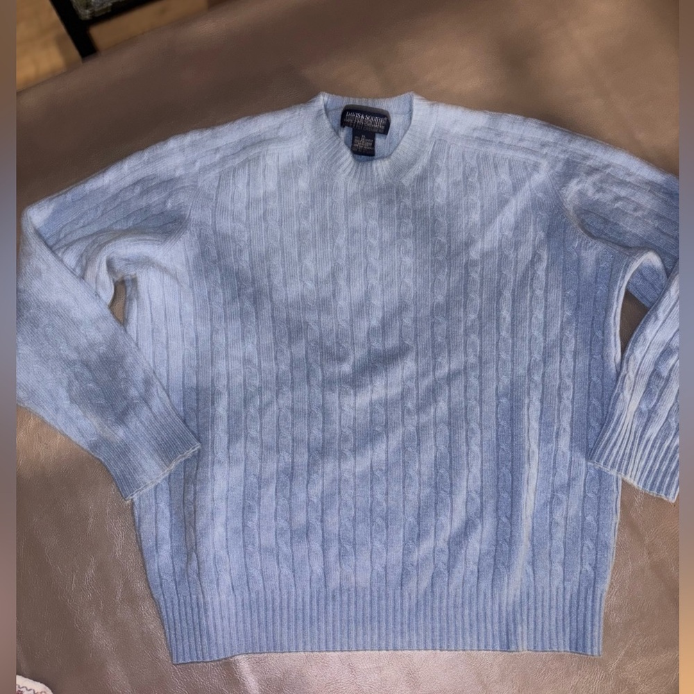 Davis & Squire Men's Light Blue Cable Knit 2 ply Cashmere Crewneck Sweater XL